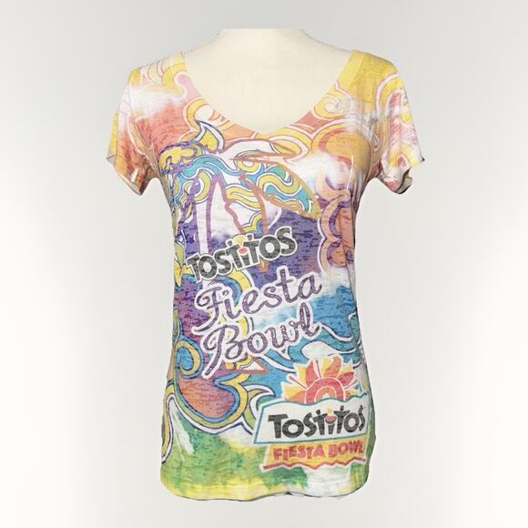 2013 Fiesta Bowl Shirt KS OR Womens LG V Neck Burnout Camo Trippy Rainbow Color - Picture 1 of 9